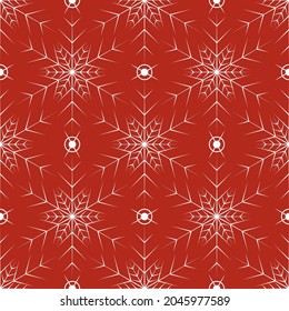 Seamless pattern with white snowflakes on red background. Festive winter traditional decoration for New Year, Christmas, holidays and design. Ornament of simple line repeat snow flake
