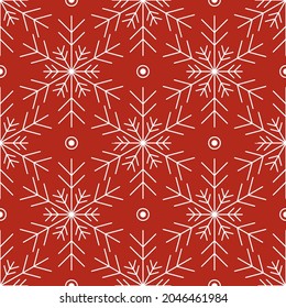 Patrón sin foco con copos de nieve blancos sobre fondo rojo. El invierno festivo decoración tradicional para Año Nuevo, Navidad, vacaciones y diseño. Ornamento de la línea simple repetir copo de nieve