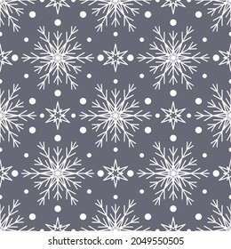 Seamless pattern with white snowflakes on grey background. Festive winter traditional decoration for New Year, Christmas, holidays and design. Ornament of simple line repeat snow flake