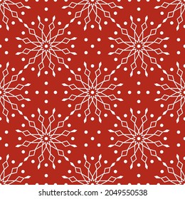 Seamless pattern with white snowflakes on red background. Festive winter traditional decoration for New Year, Christmas, holidays and design. Ornament of simple line repeat snow flake