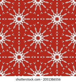 Seamless pattern with white snowflakes on red background. Festive winter traditional decoration for New Year, Christmas, holidays and design. Ornament of simple line repeat snow flake