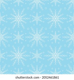 Patrón sin foco con copos de nieve blancos sobre fondo azul. El invierno festivo decoración tradicional para Año Nuevo, Navidad, vacaciones y diseño. Ornamento de la línea simple repetir copo de nieve