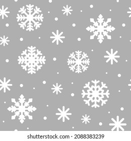Seamless pattern of white snowflakes on grey background. Print of Christmas thematic. Flat vector illustration.