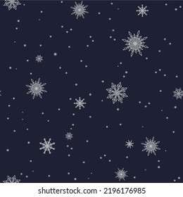 Seamless pattern. White snowflakes on a dark background. For fabric, textile, wrapping paper, invitation, wallpaper and design.Vector