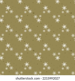 Nahtloses Muster mit weißen Schneeflocken auf goldenem Hintergrund. Festliche Winter traditionelle Dekoration für Neujahr, Weihnachten, Feiertage und Design. Ornament der einfachen Linie wiederholen Schneeflocke