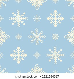 Seamless pattern with white snowflakes on a light background. New Year illustration in flat style. Vector image.