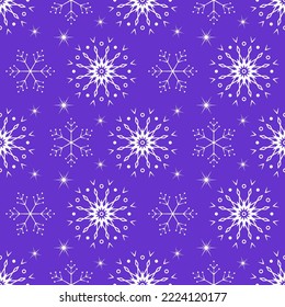 Seamless pattern with white snowflakes on violet background. Festive winter traditional decoration for New Year, Christmas, holidays and design. Ornament of line repeat snow flake. Vector illustration