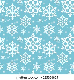 Seamless pattern with white snowflakes on pale blue background. Vector illustration.