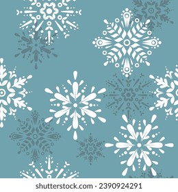 Seamless pattern with white snowflakes on blue background. Texture for Christmas banner, wrapping, wallpaper, textile. New Year traditional ornament. Vector Illustration.