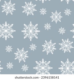 Seamless pattern with white snowflakes on grey background. Vector print. Winter background.