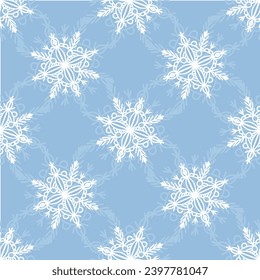 Seamless pattern with white snowflakes on light blue background. Vector pattern. Wrapping paper pattern. Winter background