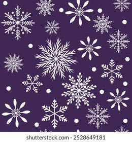 Seamless pattern of white snowflakes on purple background. Festive background for Christmas and New Year design with snowflakes in cartoon style. Design element for wallpaper, textile print, wrapping 