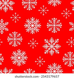 seamless pattern White snowflakes on red background, repeating pattern. Perfect for winter themed designs such as greeting cards, wrapping paper, and digital backgrounds.
