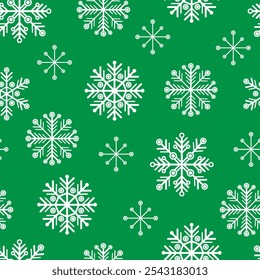 Copos de nieve blancos sobre fondo verde, patrón de repetición. Perfecto para diseños temáticos de invierno como tarjetas de felicitación, papel de regalo y fondos digitales.