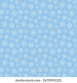 Copos de nieve blancos del modelo inconsútil en la Ilustración vectorial azul clara del fondo. Impresión, perfecta para productos de marca, embalaje y Navidades