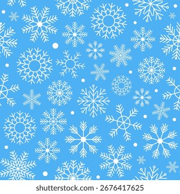 Seamless pattern of white snowflakes on a blue background. Vector illustration.