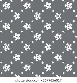 Seamless pattern of white snowflakes on grey background. Print of Christmas thematic. Flat vector illustration.