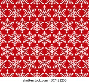 Seamless pattern of white snowflakes on red background. Vector illustration for winter design can be used for scrap-booking, textile and clothes printing, web design or packaging materials.