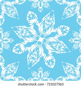 Seamless pattern of white snowflakes on a light blue background.  Vector  illustration.