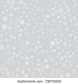seamless pattern from white snowflakes on the grey background. Texture for cards, greeting, Christmas, new year, holiday, party. Vector illustration