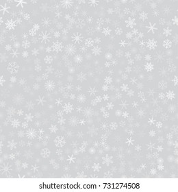 seamless pattern from white snowflakes on the grey background. Texture for cards, greeting, Christmas, new year, holiday, party. Vector illustration