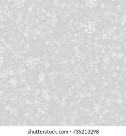 seamless pattern from white snowflakes on the grey background. Texture for cards, greeting, Christmas, new year, holiday, party. Vector illustration