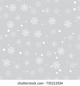 seamless pattern from white snowflakes on the grey background. Texture for cards, greeting, Christmas, new year, holiday, party. Vector illustration