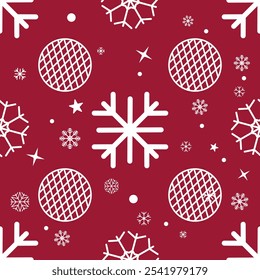 Seamless Pattern White Snowflakes and ornamented bauble on red background for Christmas and New Year. texture clothing scarf decoration