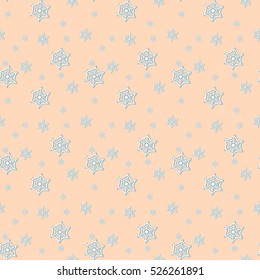 Seamless pattern with white snowflakes and stars on a blue background. Vector illustration