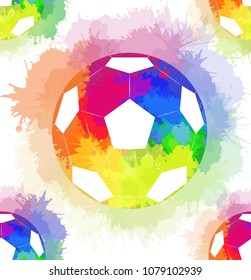 Seamless pattern with white soccer balls with watercolor rainbow spray. Vector texture for wallpaper, wrapper, backgrounds and your creativity