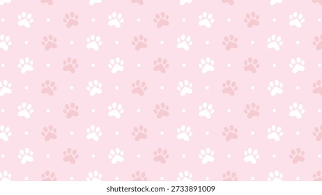 Padrão sem costura com impressões de patas brancas e rosa macio em um fundo rosa. Ilustração vetorial de pegada animal fofa para decoração de berçário de menina de bebê, marca de pet shop e design têxtil feminino