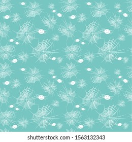 Seamless pattern: white spider webs and spiders on a blue background. vector. children's illustration
