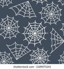 Seamless pattern with white spiderwebs. Variety of spiderwebs. Template for your design. Hand drawn trendy vector seamless pattern. Square background, wallpaper.