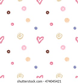 Seamless pattern with white spiral, pink heart and color dots. Hand drawn sketch elements in decorative fashion style. Bakery, ice-cream dessert inspired illustration.