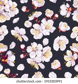 Seamless pattern with white spring flowers on dark background. Flowers of apricot, cherry, pear, apple, peach. Hand drawn, realistic, vector plants for fabric, prints, gift cards, advertising banners.