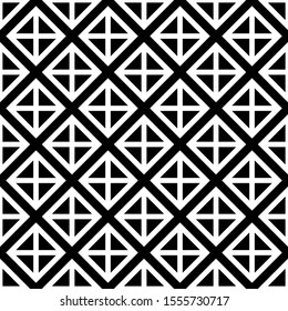 Seamless pattern. White squares and rhombuses on a black background. Vector drawing. Texture.
