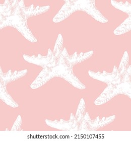 Patrón sin foco de pez estrella blanco. Fondo marino. Ilustración vectorial dibujada a mano en fondo rosa. Para invitaciones, tarjetas, carteles, impresiones, pancartas, publicidad, textiles, papel pintado y ropa de cama
