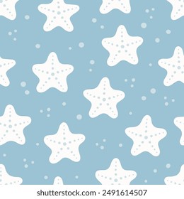 Seamless pattern with white starfishes on blue background.	