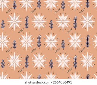 Padrão Perfeito Com Flores Semelhantes A Estrela Branca E Folhas Azuis Marinhas Em Um Fundo De Pêssego, Repetindo O Design Floral.