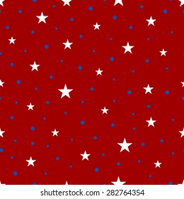 Seamless pattern with white stars and blue circles on a red backdrop. Vector background.