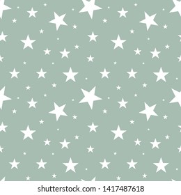 Seamless pattern white stars of different sizes scattered in random order on gray background. Nordic scandinavian retro style. Design template for gift paper wallpaper kids textile