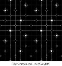 Seamless Pattern with White Stars and Lines on Black Background. Vector Abstract Y2k Minimal Geometry Bg. Graphic Texture with Lines and Stars