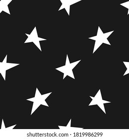 Patrón sin brillo con estrellas blancas sobre fondo negro. Fondo infinito, papel tapiz, embalaje, embalaje, textura, papel. Ilustración vectorial en estilo plano.