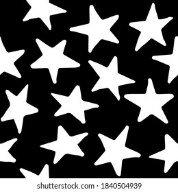 Seamless pattern with white stars on black background. Vector design for textile, backgrounds, clothes, wrapping paper, web sites and wallpaper. Fashion illustration hand drawn seamless pattern.