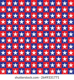 Seamless Pattern Of White Stars On Red And Blue Squares. fabric pattern