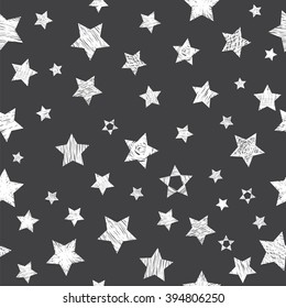 Seamless pattern with white stars on black background. Stylish print with hand drawn stars. Vector illustration