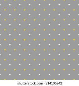 Seamless pattern.  White stars and yellow hearts on a gray background