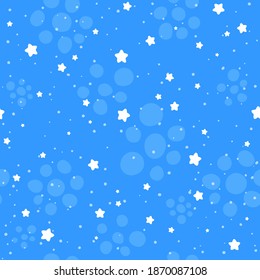 Seamless pattern with white starts and snow on blue background. Christmas or New year  colorful backdrop. Cute kid texture. Vector illustration.