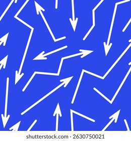 Seamless pattern of white straight hand drawn arrows on a blue background