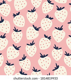 Seamless pattern of white strawberries on a pink background. Colorful background texture for kitchen, wallpaper, textile, fabric, paper. Vegan food illustration.